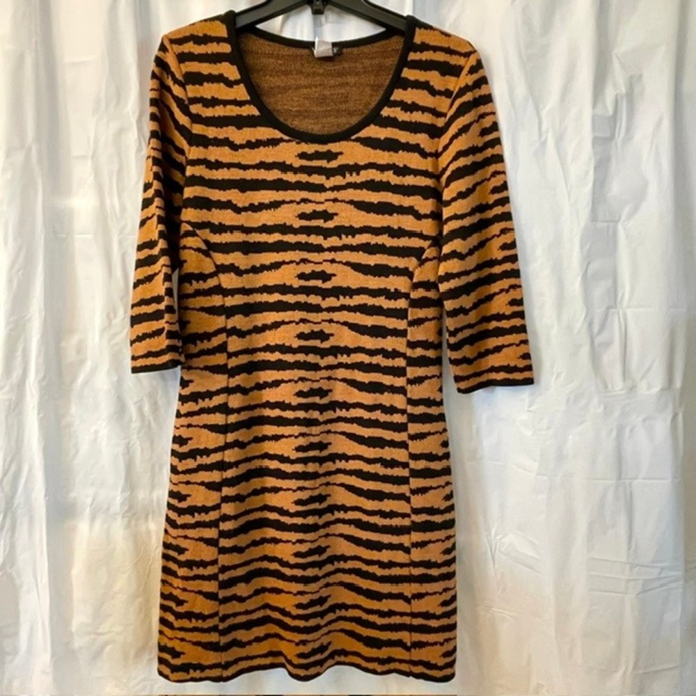 Venus Y2K Tiger Stripe Animal Print 3/4 Sleeve Bodycon Knit Sweater Dress Sz L